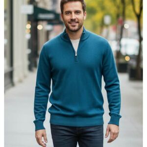 LL Bean Cashmere Blend Sweater Size L Blue 1/4 Zip Mock Neck Men's